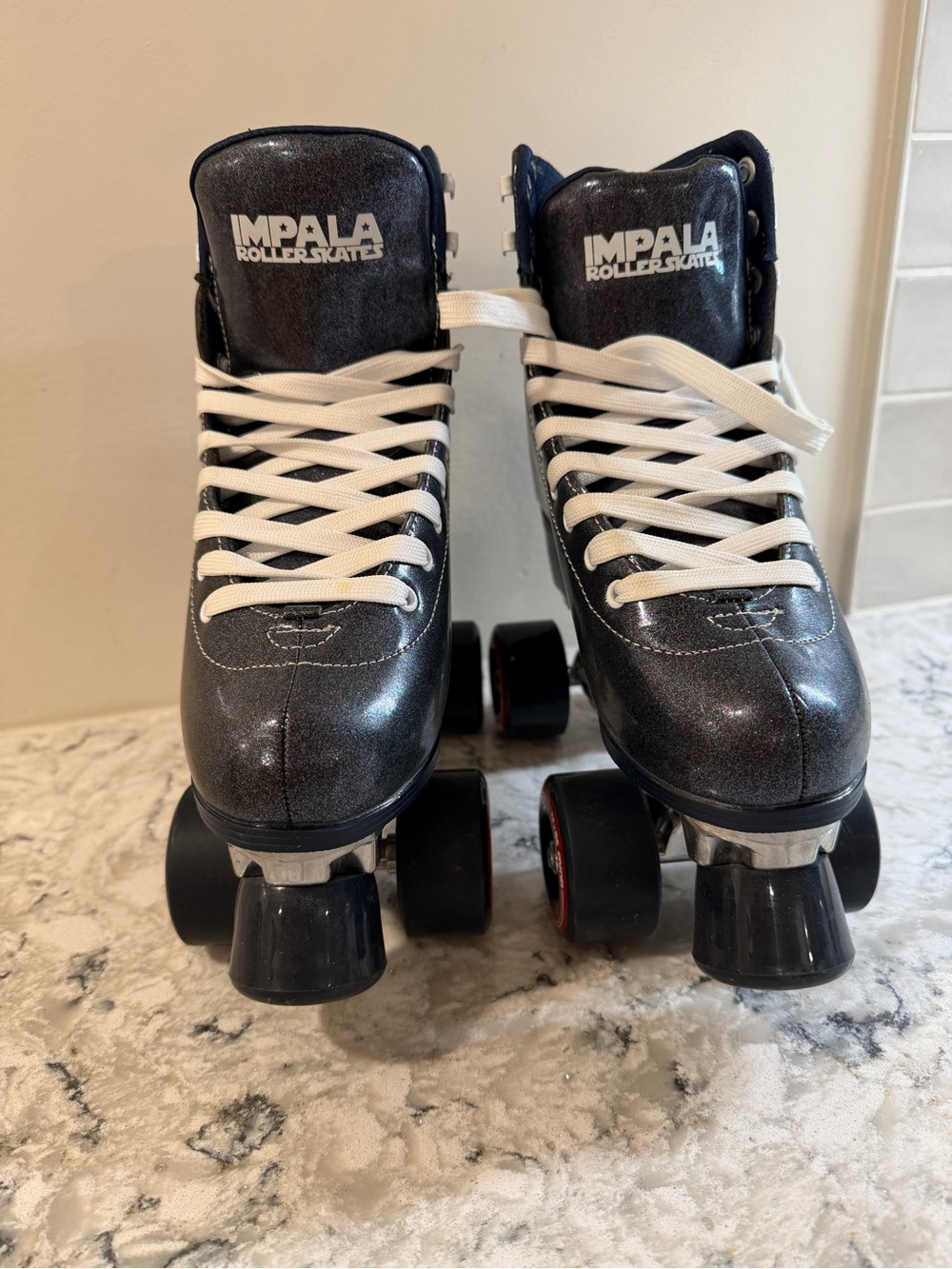 Midnight Blue Glitter Roller Skates with White Laces